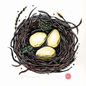 three eggs lino print