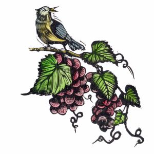 Blue bird with table grapes lino print